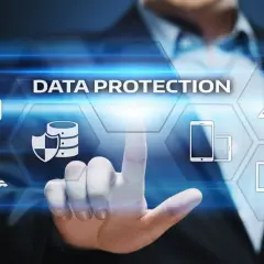 Securing government data storage with a touch. Icons represent data, security, and devices.