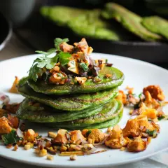Grüne Pfannkuchen-Türmchen mit gebratenen Pfifferlingen und Kräutern. Ein köstliches Pfifferlinge Rezept für Genießer.