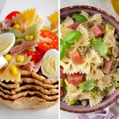 Dos ensaladas de pasta espectaculares: una en cesta crujiente con huevo y tomate, y otra en cuenco con atún, alcaparras y albahaca.