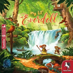 Das Cover des Spiels "My Lil' Everdell" zeigt eine idyllische Waldszene mit Mäusen, die über eine Brücke laufen. Ein Spiel, das den Geist des "Spiel des Jahres" einfängt.