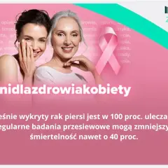 Dwie kobiety, młodsza szepcze do ucha starszej. Różowa wstążka symbolizuje walkę z rakiem. BIRADS 4a okazał się rakiem, ale wczesne wykrycie ratuje życie.