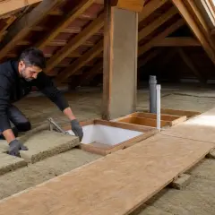 Uomo che posiziona pannelli isolanti per come isolare il sottotetto fai da te. L'ambiente è un sottotetto con travi in legno e lucernario.