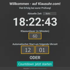 Digitale Uhr für eine proctoring klausur mit Countdown, Zeitangabe und Notizfeld.