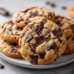 En hög med nybakade chocolate chip cookies, med smält choklad som sticker ut. Perfekt för en fika!