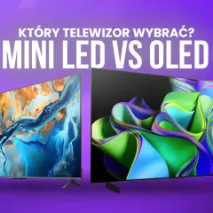 Który telewizor wybrać? Mini LED czy OLED? Dwa ekrany prezentują abstrakcyjne obrazy, zachęcając do porównania technologii.