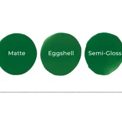 Five circles of green paint show different sheens: Flat, Matte, Eggshell, Semi-Gloss, and Gloss, illustrating how they hide or highlight texture.