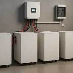 System magazynowania energii do domu: trzy białe baterie połączone z falownikiem na ścianie.