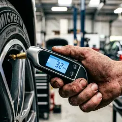 Mano sucia revisa la presión de neumáticos de un coche con un medidor digital que marca 32 PSI.