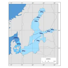 Mapa pokazuje zasolenie Bałtyku. Czy Bałtyk jest słodki? W niektórych miejscach zasolenie jest niskie, np. 3‰, ale w cieśninach duńskich sięga 30‰.