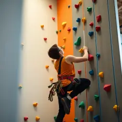 Ragazzo si allena nell'arrampicata indoor, aggrappandosi a prese colorate su un muro.