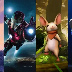Odkryj darmowe gry VR: kosmiczny podróżnik, Iron Man, myszka w lesie i robot w goglach.
