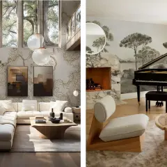 Ett lyxigt vardagsrum med en stor soffa, konst och ett piano. Vacker tapet med naturmotiv.