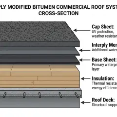 Cross-section of a 3-ply modified bitumen roof installation, showing layers from roof deck to cap sheet for waterproofing and insulation.