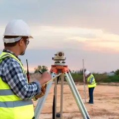 Geodeci w kamizelkach odblaskowych i kaskach pracują na budowie z użyciem niwelatora.