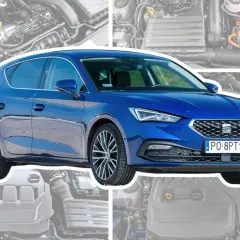 Niebieski Seat Leon 1 z nowoczesnym przodem, otoczony schematami silników.