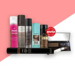 En samling produkter för att täcka utväxt och grått hår, inklusive Toppik Root Touch Up Spray.