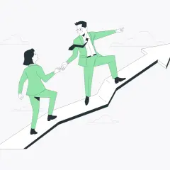 A leader extends a hand to help a colleague ascend an upward-trending arrow, embodying resonant leadership and shared growth.