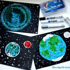 Dzień fotografii. Dzieci stworzyły kosmiczne prace: Ziemię, inne planety i zorzę polarną. Widać też pastele i markery.