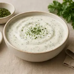 En skål med krämig ranch dressing, garnerad med persilja. En citronklyfta och en skål med torkade örter syns bredvid.