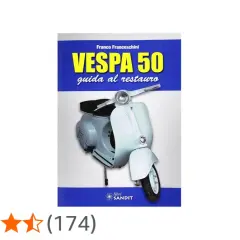 Copertina libro "Vespa 50: guida al restauro" con una Vespa 50 azzurra in primo piano.