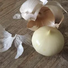 Eine geschälte Knoblauchfrucht liegt neben ihren papierartigen Schalen auf einer Holzoberfläche.