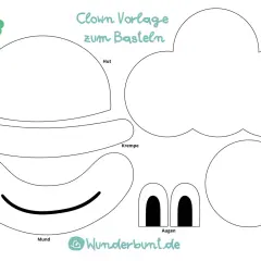 Bastelvorlage: Teile für einen Clown zum Ausschneiden und Zusammenkleben – Hut, Krempe, Haare, Nase, Augen und Mund.