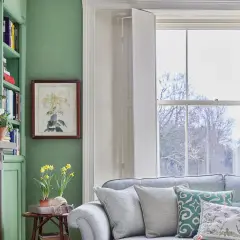 A cozy living room with country contemporary furniture, featuring a green bookshelf, fireplace, and a plush sofa adorned with patterned pillows.