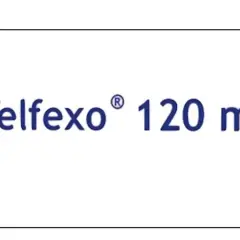 Napis "Telfexo® 120 mg" w kolorze granatowym na białym tle.