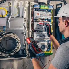 Elektryk w kasku sprawdza instalację elektryczną multimetrem. W skrzynce widać router, kable i bezpieczniki.