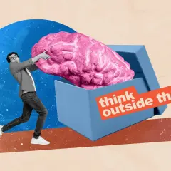 Man lyfter ut en stor rosa hjärna ur en blå låda. Texten "think outside the box" uppmanar till att hantera stress och oro med nya idéer.