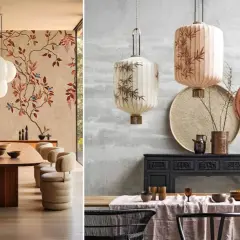 Décoration de salle à manger avec un motif chinois floral sur le mur de gauche et des lanternes décoratives de style asiatique à droite.