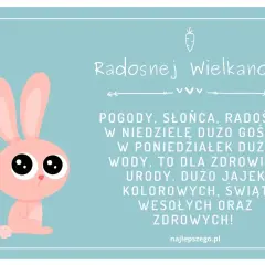 Uroczy króliczek z wielkimi oczami życzy Radosnej Wielkanocy! Wierszyki na Wielkanoc pełne słońca, gości i mokrego dyngusa.