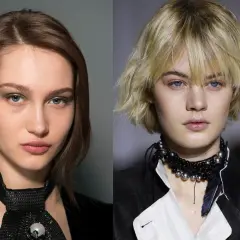 Två modeller med uppklippt page tunt hår. Den ena med brunt hår och grön ögonskugga, den andra med blont hår och en pärlhalsband.