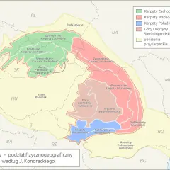 Mapa pokazuje, gdzie leżą Karpaty w Polsce, dzieląc je na Karpaty Zachodnie i Wschodnie, z zaznaczonymi Podkarpaciem.