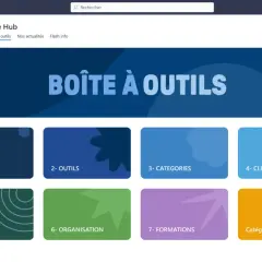 Page d'accueil "AFH - One Hub" avec une section "Boîte à outils" et des catégories comme "Suivis", "Outils", "Clients", "Réunions", "Organisation", "Formations".