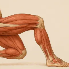 Anatomical illustration showing the musculature of the kości kończyny dolnej, highlighting tendons and muscle fibers in a dynamic pose.