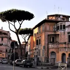 Edifici color ocra e rosa con pini marittimi svettanti, tipici de **la Garbatella**, Roma. Auto parcheggiate lungo la strada.