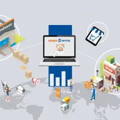Lagerhaus, Laptop mit "easyWMS" und Shop sind verbunden. Ein Netzwerk für **multi channel handel** mit weltweiter Logistik.