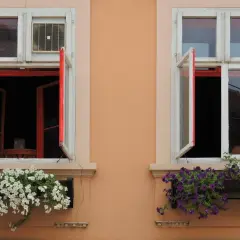 Dwa okna z dwukolorowymi ramami (białe i czerwone) i kwitnącymi skrzynkami. Czy okna dwukolorowe są droższe?