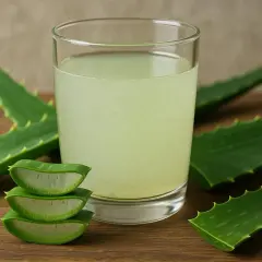 Glas mit Aloe Vera Saft, umgeben von Aloe Vera Blättern. Informiert über mögliche aloe vera saft nebenwirkungen.