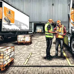 Zwei Männer besprechen einen Frachtbrief vor einem LKW und Lager. Sie prüfen Dokumente, die für den Transport von Waren wichtig sind.