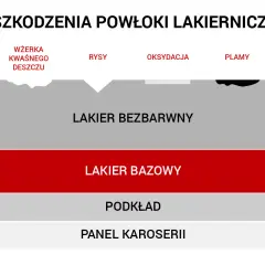 Usuwanie rys z lakieru. Schemat uszkodzeń powłoki lakierniczej: wżerka, rysy, oksydacja, plamy. Warstwy: lakier bezbarwny, bazowy, podkład, panel karoserii.
