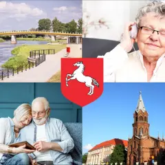 Cztery obrazy: most nad rzeką, starsza kobieta w słuchawkach, para seniorów z tabletem, kościół.