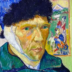 Van Gogh's self portrait with bandaged ear, his intense green eyes gaze out from a face painted with bold strokes.