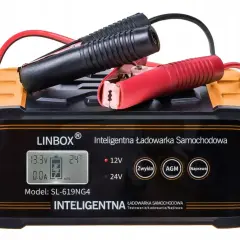 Inteligentna ładowarka samochodowa LINBOX z klemami do ładowania akumulatora. Wyświetla napięcie 13.3V i temperaturę 24°C.