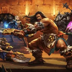 Helden kämpfen gegen Monster. Die Helden sind ein Barbar, ein Zwerg, eine Elfe und ein Magier. Die Monster sind Orks, Skelette und ein Ritter. Die Szene erinnert an die HeroQuest Erweiterungen Reihenfolge.