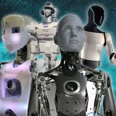 Różnorodne roboty humanoidalne, od futurystycznych po bardziej mechaniczne, prezentują przyszłość technologii.