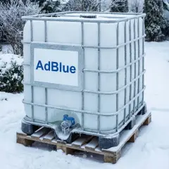 Duży zbiornik z AdBlue stoi na palecie w śniegu. Widać szron i lód, co sugeruje niską temperaturę i potencjalne problemy z zamarzaniem płynu.
