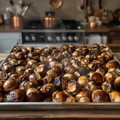 Plateau de châtaignes au four, dorées et craquelées, prêtes à être dégustées. L'odeur réconfortante emplit la cuisine.