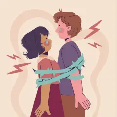 Coppia abbracciata, circondata da spine, con lacrime e fulmini. Un'immagine che evoca la difficoltà di vivere senza sesso, un legame spezzato.